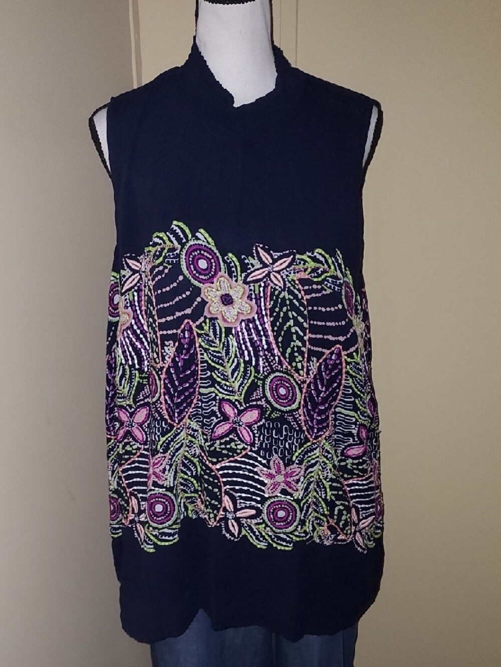 Kaari Blue Navy Blue Women's Sleeveless Embroidered Blouse